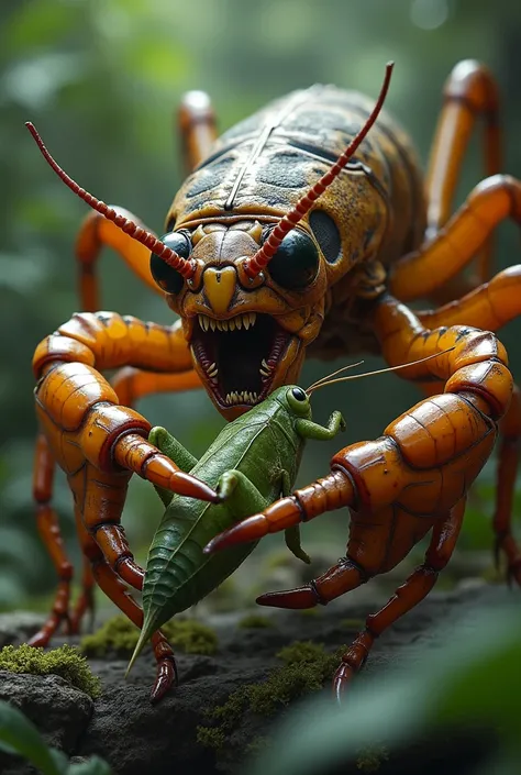 A Scorpio insect caught a grasshopper with its hand 