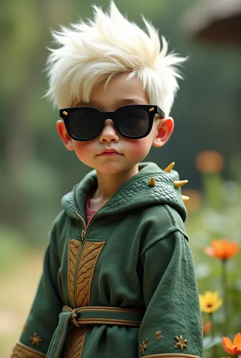 A white-haired boy wearing sunglasses with a dinosaur robe 