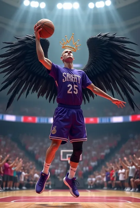 Basketball player with a black and bald angel crown with wings and an angel crown dressed in a purple t-shirt, Shooting the ball in the basket of a jump , In the background a stadium full of people 