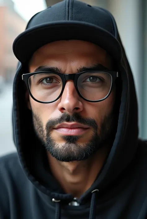 bel homme arabe avec lunettes, sweat à capuche, casquette noire, ultra réaliste, 4k