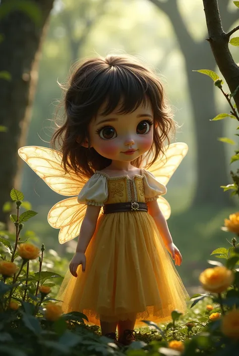 Two year old girl, She is a medieval fairy ,  with a fantasy dress and wings ,  she has big dark brown eyes and waist-length hair with waves and dark brown bangs.  With an enchanted medieval forest background 