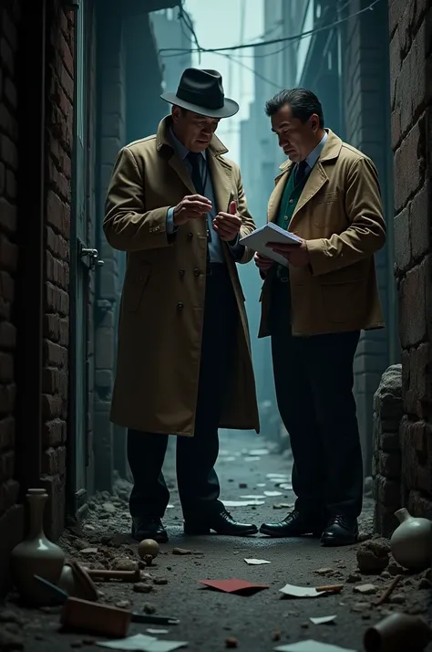  Two men, one of them dressed as a detective ,gathering evidence to find out who the killer was  