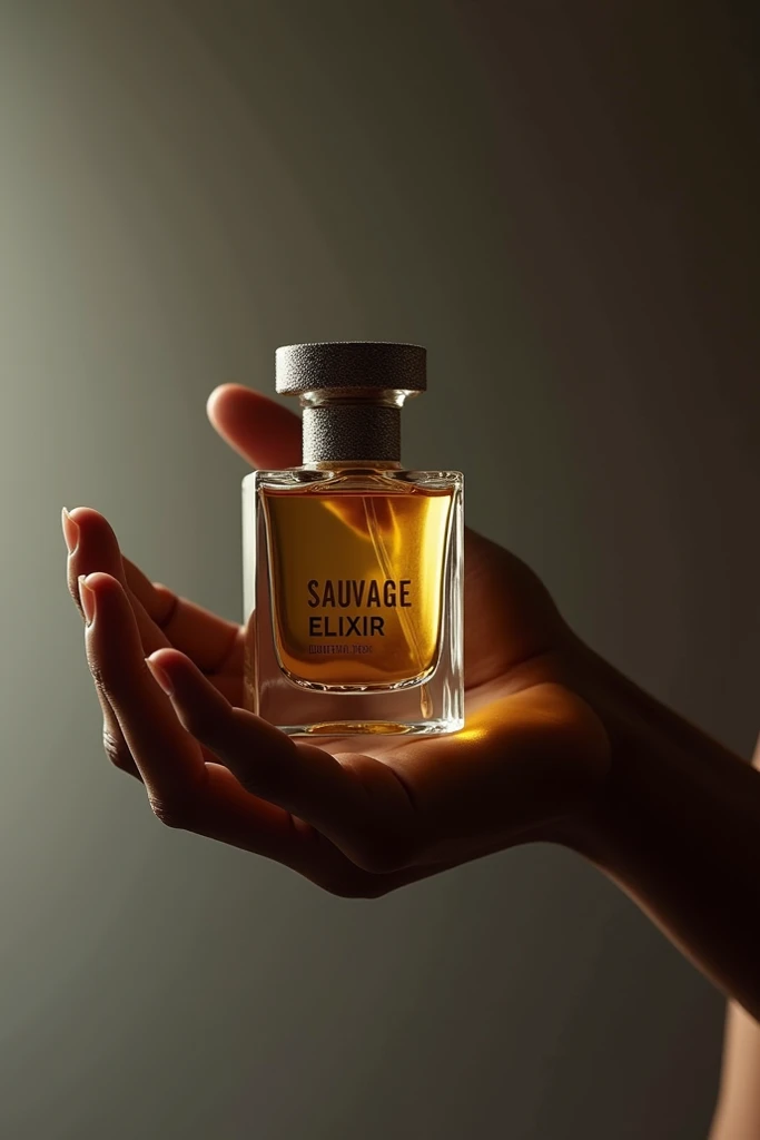 A black girls hand holding a box of sauvage elixir for men parfum