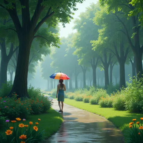 Imagine a park trail soaked in rainwater, lined with lush green trees and blooming flowers. A person holding an umbrella leisurely strolls along the path, raindrops jumping on the umbrella surface, creating a peaceful and fresh scene