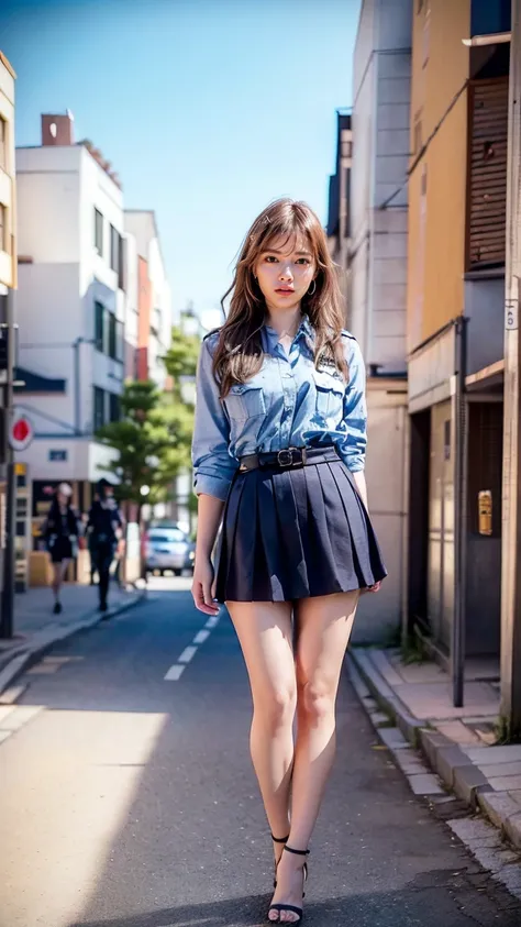 beautiful Japanese woman, 22 years old, perfect anatomy, healthy thighs, beautiful legs, beautiful skin, random hair color, random hairstyle, large breasts, female police officer, (Japanese police uniform:1.3), (miniskirt:1.3), full body shot, high heels, ...