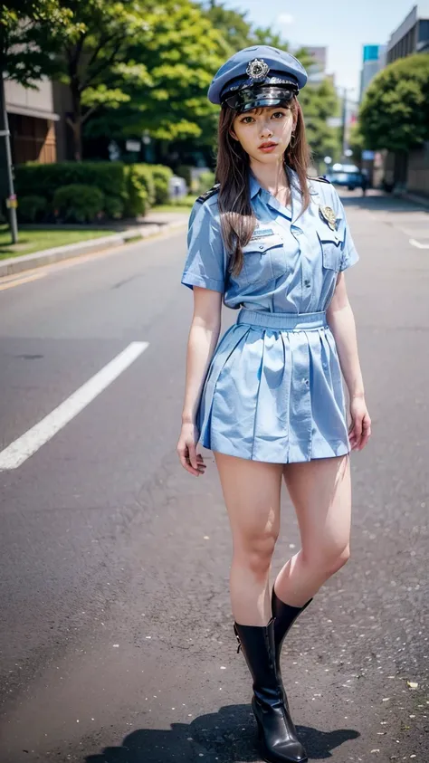 beautiful Japanese woman, 22 years old, perfect anatomy, healthy thighs, beautiful legs, beautiful skin, random hair color, random hairstyle, large breasts, female police officer, (Japanese police uniform:1.3), (miniskirt:1.3), full body shot, high heels, ...