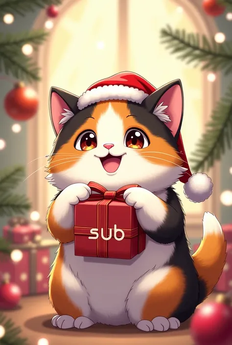 Un petit chat tricolor au poil long dans le style manga mignon avec un bonnet de Noël sur sa tète. Un cadeau entre ses pattes avec écrit "SUB" dessus. Heureux et convivial dans une déco de Noël lumineuse et festive. Arriere plan transparent 