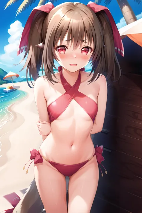 NSFW,masterpiece, best quality, high definition , Very detailed,Nekone(Utawarerumono),Brown Hair, twin tails, hair bow ,Red eyes,Embarrassed,blush,bikini,beach, palm trees,Beach House