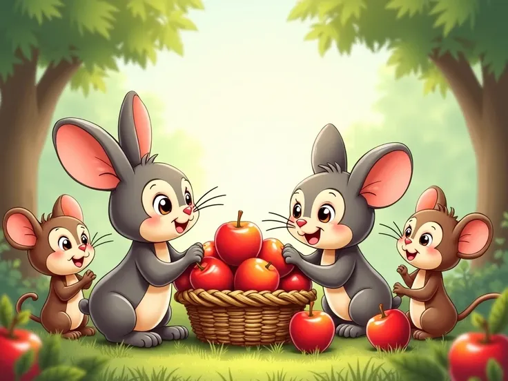 hand drawn cute cartoon animals，Bunny，Little Mouse，Distribute the apples in the basket to the little monkeys