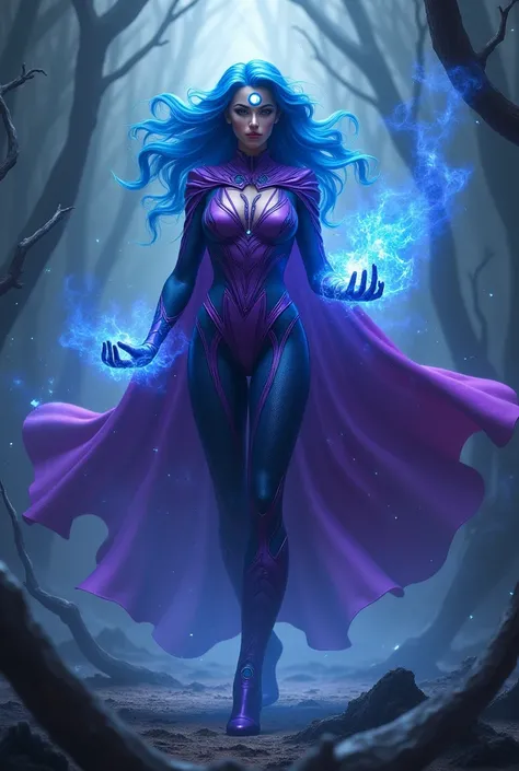 Image of a blue-haired superhero ,  with a green cape and a moon between her eyebrows , The costume has purple and blue details , which cover your whole body . Its absorbing all the lots of dark black negative energy in the environment. 