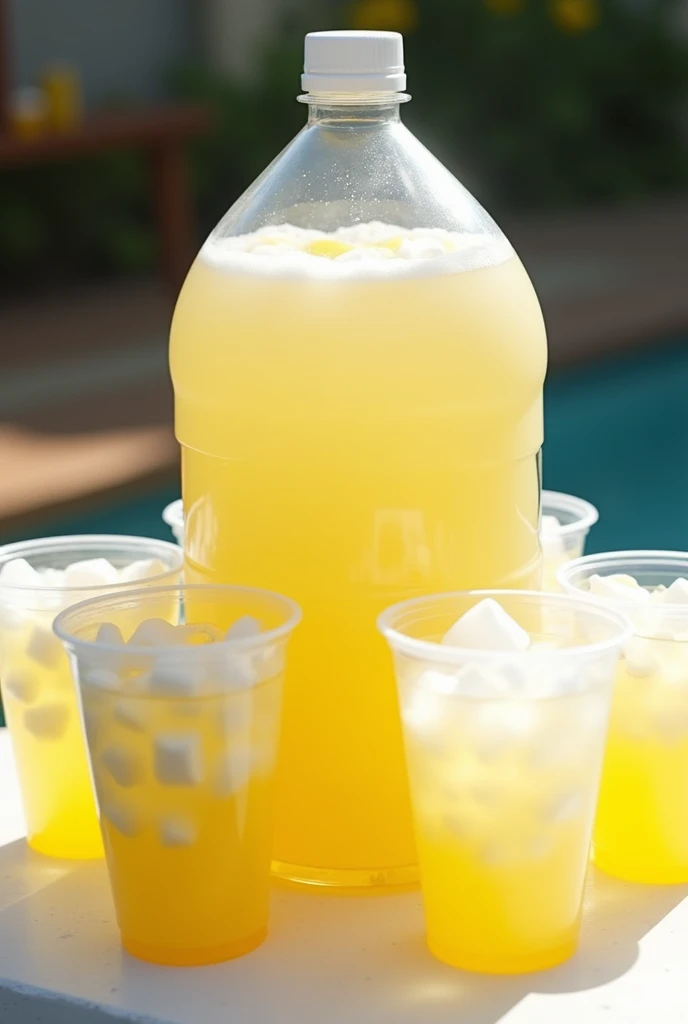 20-liter plastic bottle of chufla containing ice made of lemon served in transparent disposable cups around