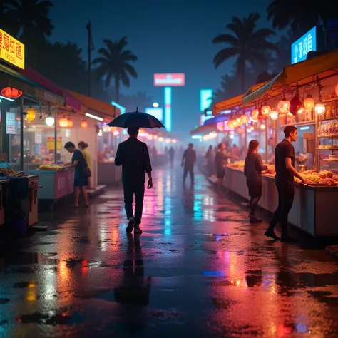 rainy day, In this scene, a person strolls in the night market in the rain, with colorful neon lights flashing in the rain curtain. Under the vendors umbrella is steaming hot food, and raindrops reflect the light on the ground, creating a lively and warm a...