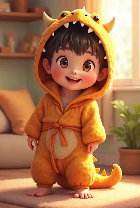 A boy in an anime dinosaur robe 