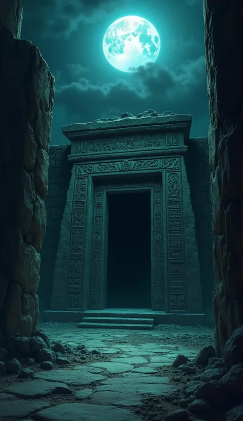 An eerie illustration of an ancient Egyptian tomb under moonlight, with hieroglyphics glowing faintly on the walls, creating an unsettling atmosphere.