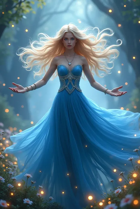 An image that says: Zarelle, a wind princess with deep blue eyes and wearing a blue elegant dress and that she is surrounded by wind power, wind magic and magical place that is filled with fireflies, and beautiful flowers. Shes holding a wind power.
