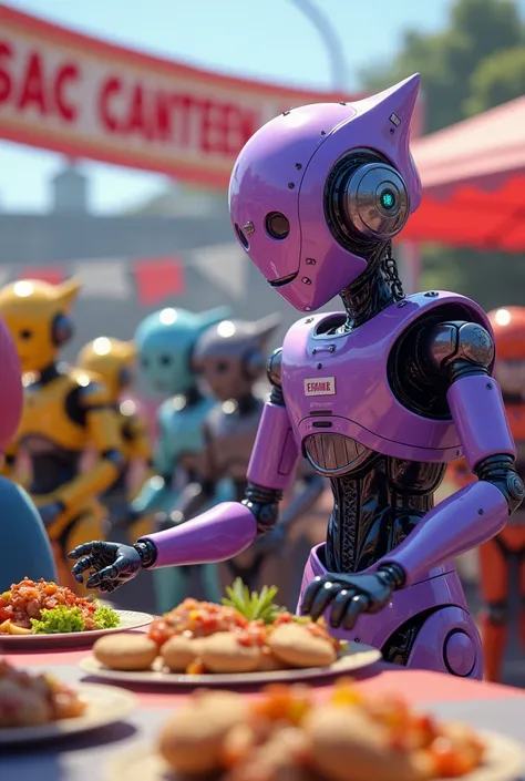 Create a generate hyper-realistic purple robot had with Be-Star-E nametag evaluating other robot food while holding paper at a food festival at school with many different colors robots watching. having banner "SAC CANTEEN Day" at the back 4K UHD