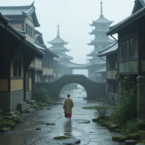 rainy day, Depicting a person strolling through a group of ancient buildings in the rain, with ancient stone bridges and temples with upturned eaves appearing particularly peaceful in the rain. Rainwater flows along the stone paved road, creating a beautif...