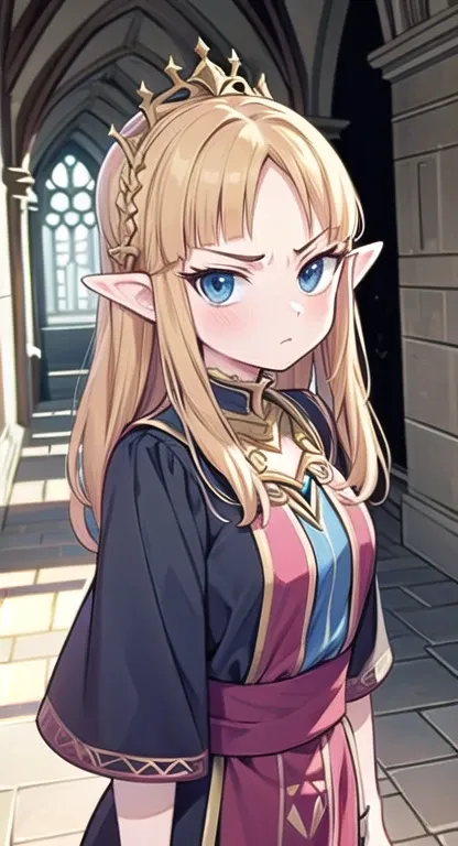 Snobby,  20 year old princess Zelda, looks at viewer disgusted and glaring, castle hallway,