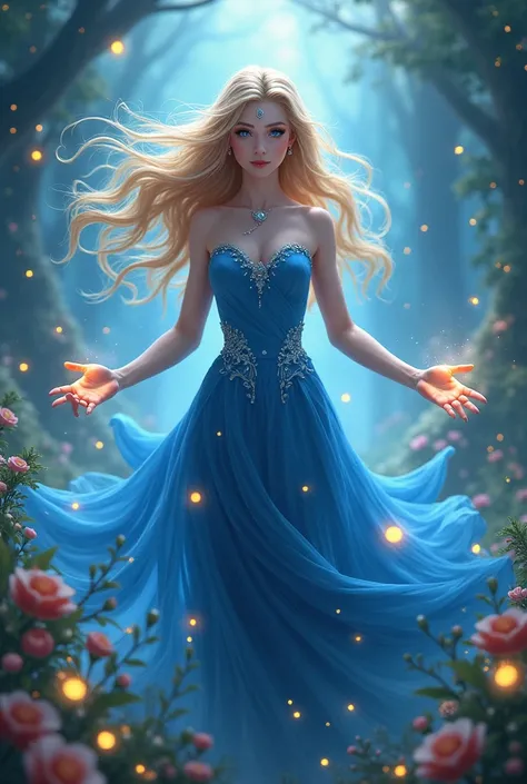 An image that says: Zarelle, a wind princess with deep blue eyes and wearing a blue elegant dress and that she is surrounded by wind power, wind magic and magical place that is filled with fireflies, and beautiful flowers. Shes holding a wind power.
