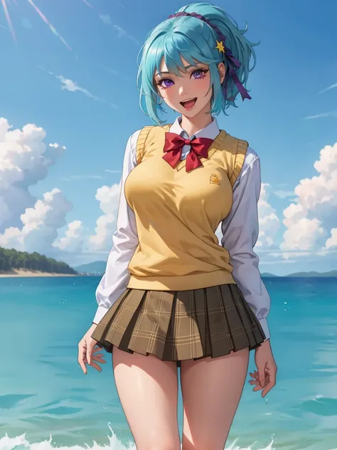 kurumu kurono, short hair, blue hair, (purple eyes:1.1), ponytail, ribbon, hair ribbon, hair ornament, shirt, white shirt, long sleeves, bow, red bow, sweater vest, yellow sweater vest, skirt, plaid skirt, green skirt, socks, wide hips, thighs, big breast,...