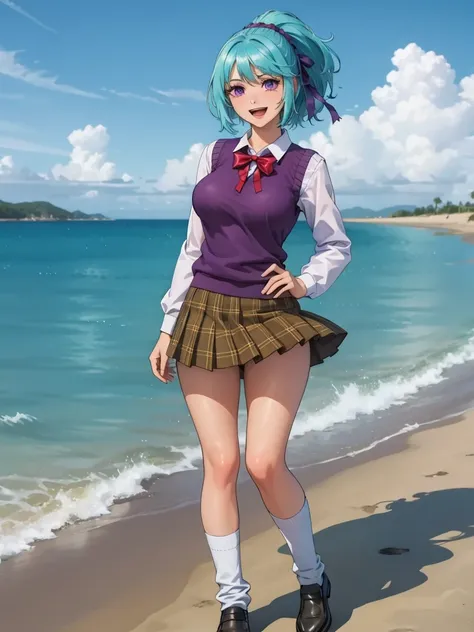 kurumu kurono, short hair, blue hair, (purple eyes:1.1), ponytail, ribbon, hair ribbon, hair ornament, shirt, white shirt, long sleeves, bow, red bow, sweater vest, yellow sweater vest, skirt, plaid skirt, green skirt, socks, wide hips, thighs, big breast,...