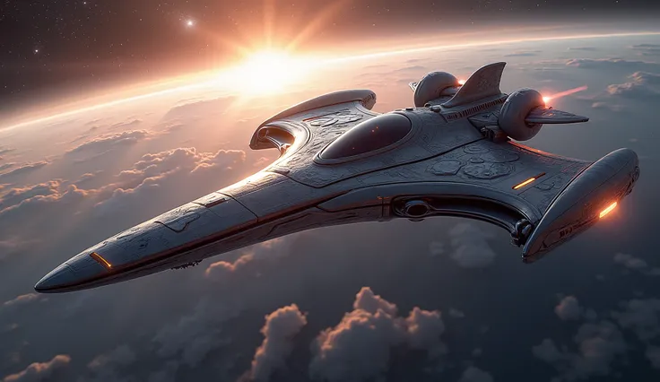 spaceship in the sky, sleek interceptor profile, futuristic starship, megastructure, eve venture, alien starship, a beautiful detailed orixa, class hunter, photo of ornate space ship, cinematic full shot, utopian space ship