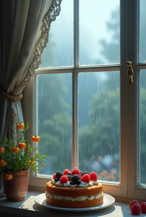 Window frame, on the glass of a raindrop ,  on the windowsill lies a cake with berries 