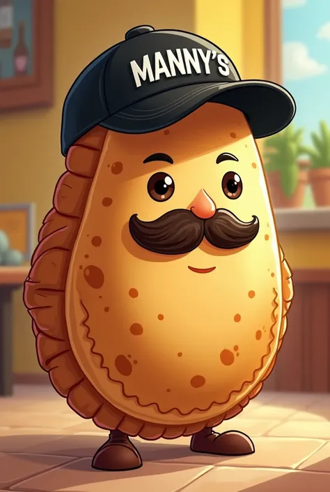  An Argentinian empanada as a cartoon with a very short beard and a black cap that says Mannys 
Let me say: That!! Do you want empanadas  ?