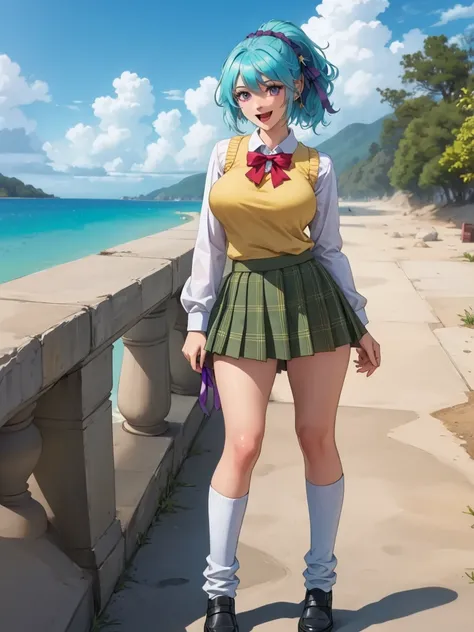 kurumu kurono, short hair, blue hair, (purple eyes:1.1), ponytail, ribbon, hair ribbon, hair ornament, shirt, white shirt, long sleeves, bow, red bow, sweater vest, yellow sweater vest, skirt, plaid skirt, green skirt, socks, wide hips, thighs, big breast,...