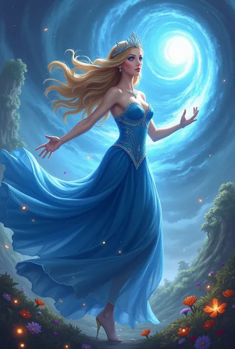 An image that says: Zarelle, an hurricane princess with deep blue eyes and wearing a blue elegant dress, a tiara and that she is surrounded by hurricane power, wind magic and magical place that is filled with fireflies, and beautiful flowers. Shes holding ...