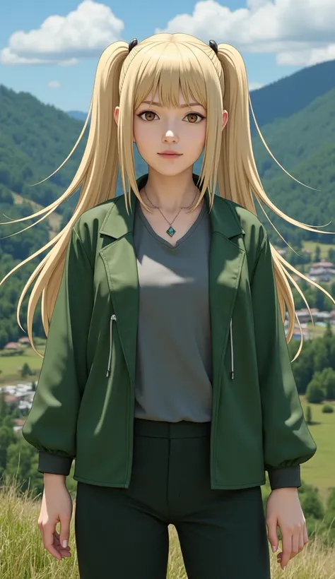 realistic depiction of a strong and charismatic woman Tsunade Senju. She has long, blonde hair styled in two loose ponytails with bangs framing her face, and a diamond-shaped mark on her forehead. Her outfit features a sleek, modernized version of her icon...