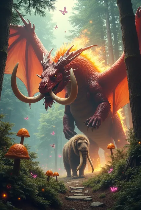 Make an HD image of a dragon and a mammoth the dragon is very large and is red and gold and the mammoth smaller than the dragon they are in a magical forest 