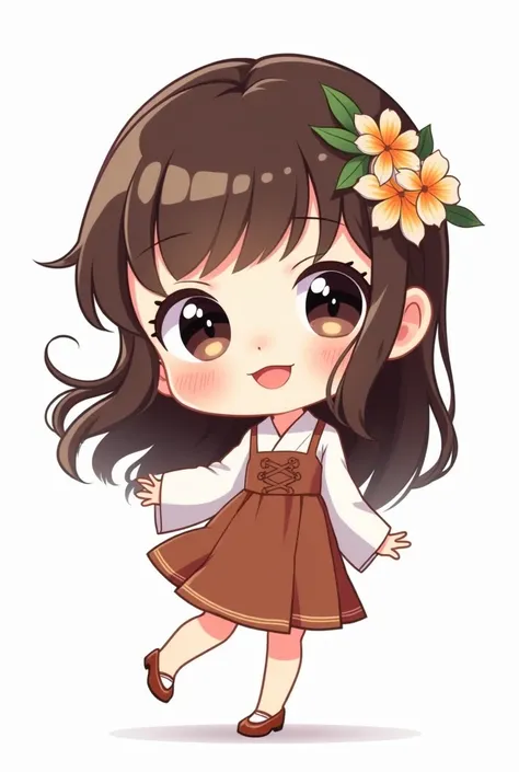 Chibi, Brown Hair with bangs, Japanese + Korean, Fair skin, Brown Dress, With white top, Heels, White background, Black eyes,Long Hair, Headband flower, pretty, cute, Makeup,