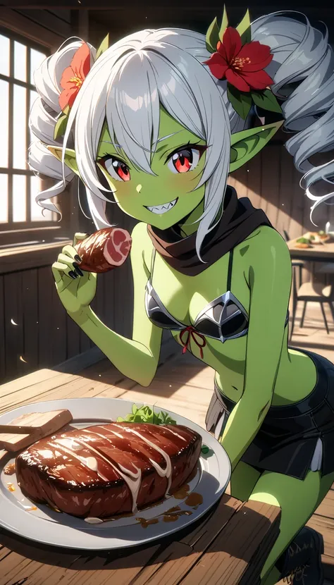 anime style,(best quality,4k,8k,highres,masterpiece:1.2),ultra-detailed, perfect eyes, perfect face, perfect lighting, photo,BREAK, 
goblin-girl,( jagged teeth:1.2),(green-skin:1.3), red-eyes,skinny, (small-breasts:1.2),pointy-ears, (twin-drills:1.2), (flo...