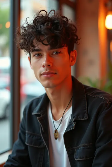 A 19-year-old influencer boy , moreno, curly hair 