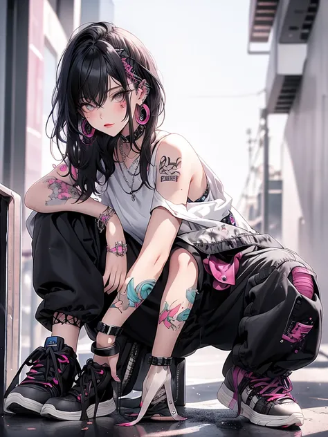 masterpiece, best quality, PIXIV, cool girl, lots of piercings, earrings, tattoos, black hair, pink dip-dye hair, gray eyes