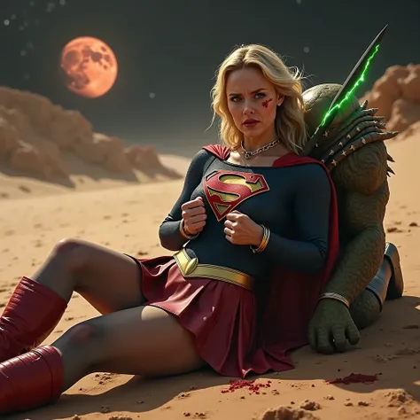 Realistic, hyperrealism, masterpiece, Melissa Benoist as Supergirl, face of Melissa Benoist, Supergirl is laying flat on the dirt, dirty body, handcuffed her wrists together with a green lighting handcuff, Supergirl is tied wrists with handcuff, a green li...