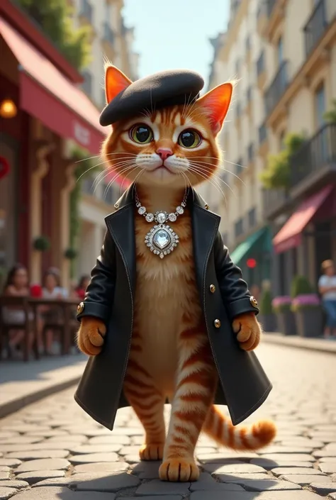 an image of a very elegant cat , What a fashionable dress with a beret and a necklace with a large and shiny Swarovski stone walking through the streets of Paris now do it the same but with a black cat like that with a beret and gaban