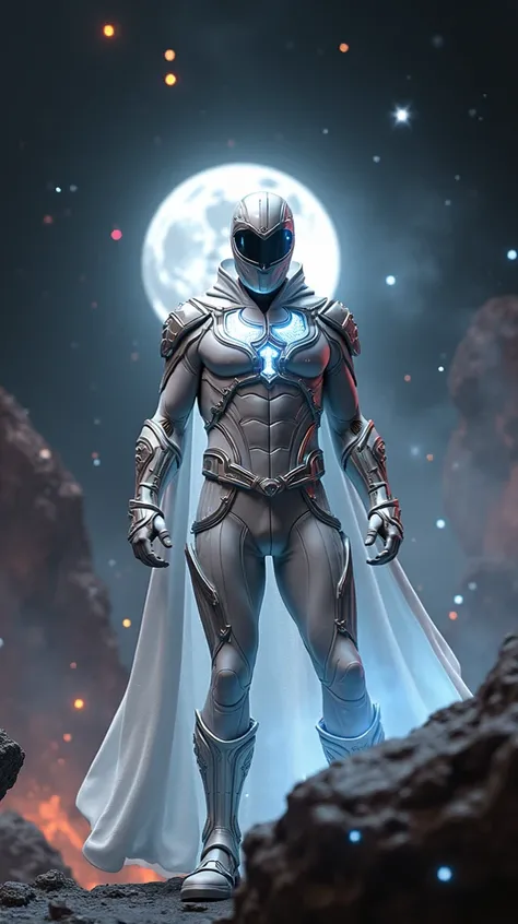 A 3D superhero fusion costume inspired by Moon Knights classic white outfit fused with a cosmic Power Rangers theme. The suit is richly textured with reflective silver and glowing blue cosmic patterns over a pristine white fabric. The futuristic chest armo...