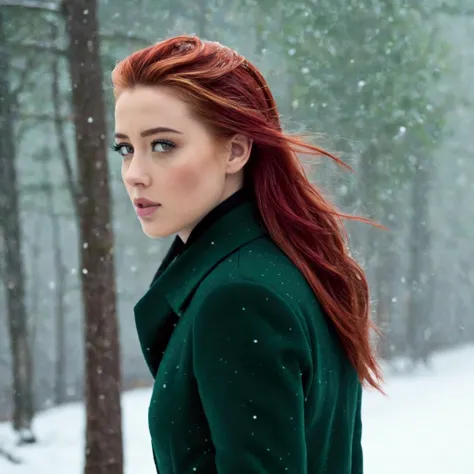 Red hair, green eyes, amber heard, walking, snowing