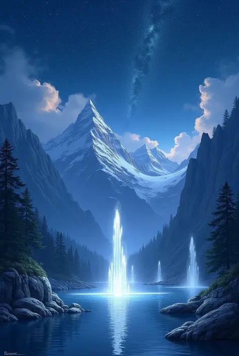 beautiful night sky enclosed with mountains and fountains 