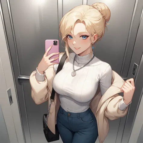 Create an image of a 22 year old woman, with a striking and sophisticated style.  She has a square and symmetrical face, with delicate features, light blonde eyebrows, taking a selfie in an elevator.  She has blonde hair, tied in a high bun, with a few str...