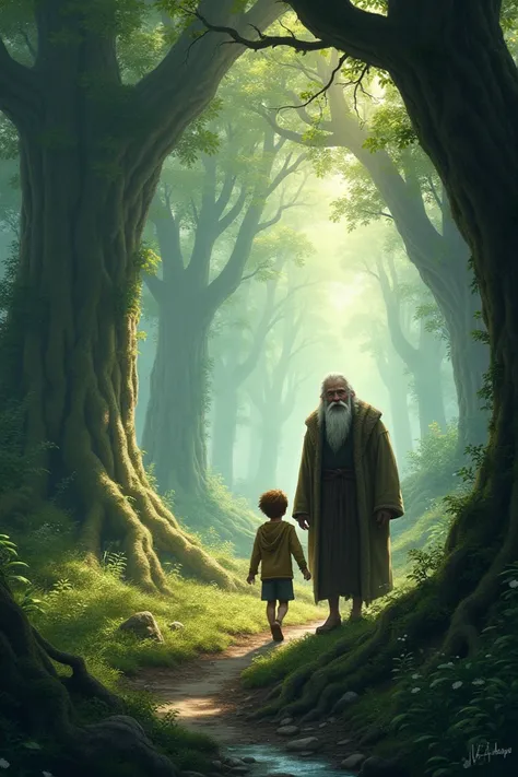 Boy in a forest with an old man 