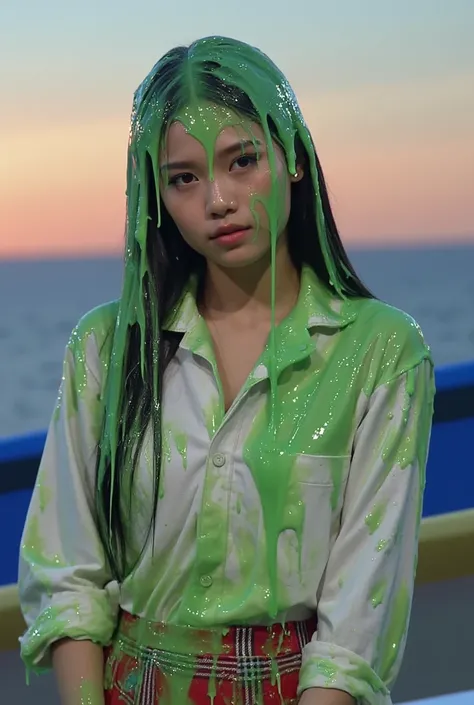 Cinematic photograph of Asian woman covered in green slime. hyper-realistic style. Long fake eyelashes. 8k. Photorealistic. Glistening slime. Green slime. Dripping slime. Raw photo. Asian Instagram influencer. Asian model. (Asian schoolgirl: 1.1). black ey...