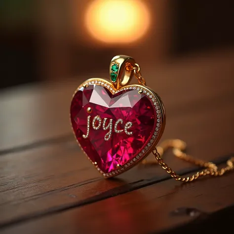 A luxurious heart-shaped ruby pendant with golden edges on a wooden table, The pendant has the name  "Joyce"  written with emerald stone a light on top of the pendant embellishing it 