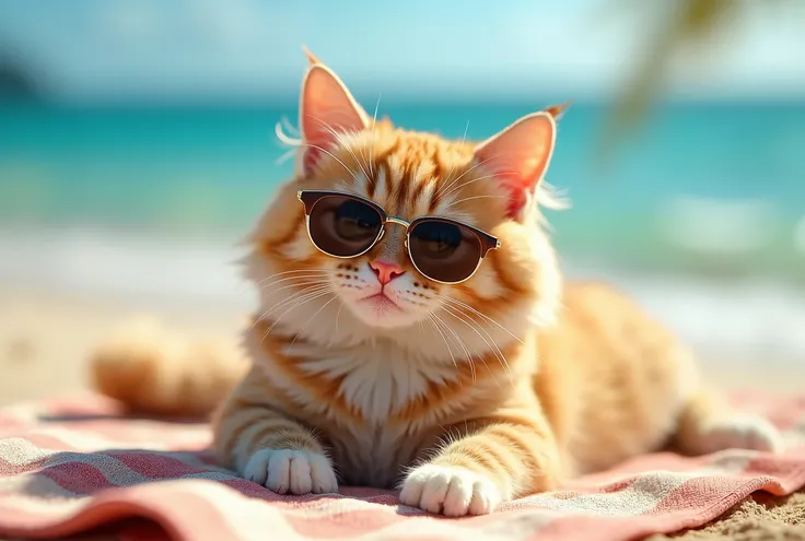 A photorealistic image of a cute and fluffy cat lounging on a sunny beach, wearing stylish sunglasses. The cat’s anatomy is perfect, with soft fur that appears textured and realistic, gently ruffled by the ocean breeze. Its relaxed pose exudes a chilled vi...