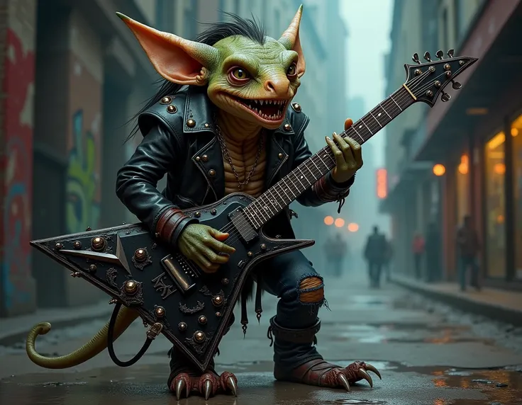 a Kobold from D & D dressed as a metalhead playing the electric guitar