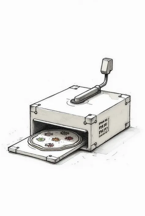 Un shemat de conseption dune Imprimante a pizza avec un levier manuels qui ajoute les condiment automatiquement dessiner a la main au crayon de plomb sur une feuille blanche 