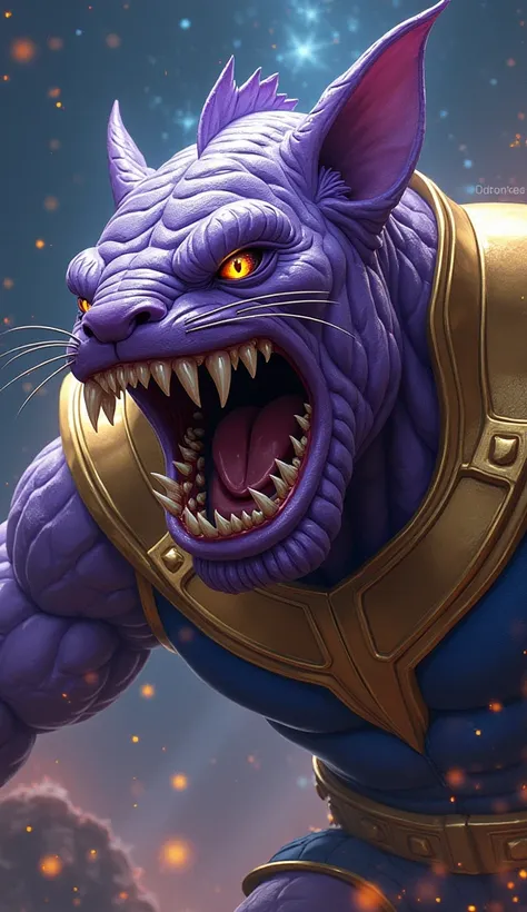 Thanos Marvel with the head of a catfish roaring and furious