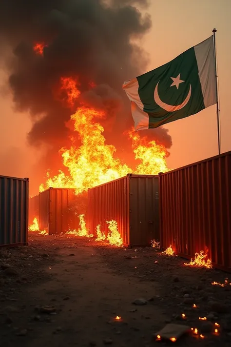 There are many containers and there is a fire around them, and the flag of Pakistan is also visible, send such a picture.